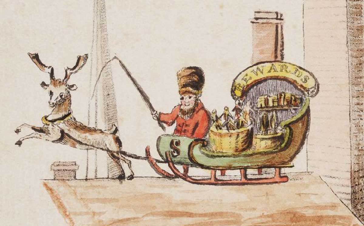 Illustration of Santa and his sleigh, from The Children’s Friend, New York, 1821 © Yale University Library.