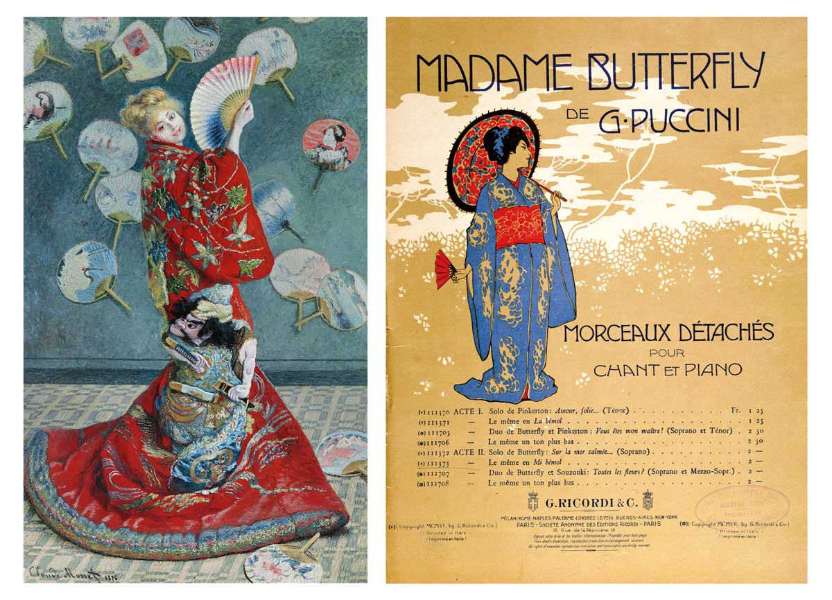 Left: La Japonaise (Camille Monet in Japanese costume), by Claude Monet, 1876 © Museum of Fine Arts, Boston/Bridgeman Images. Right: Front cover of a French score of Madam Butterfly by Puccini, 1906 © Bridgeman Images.