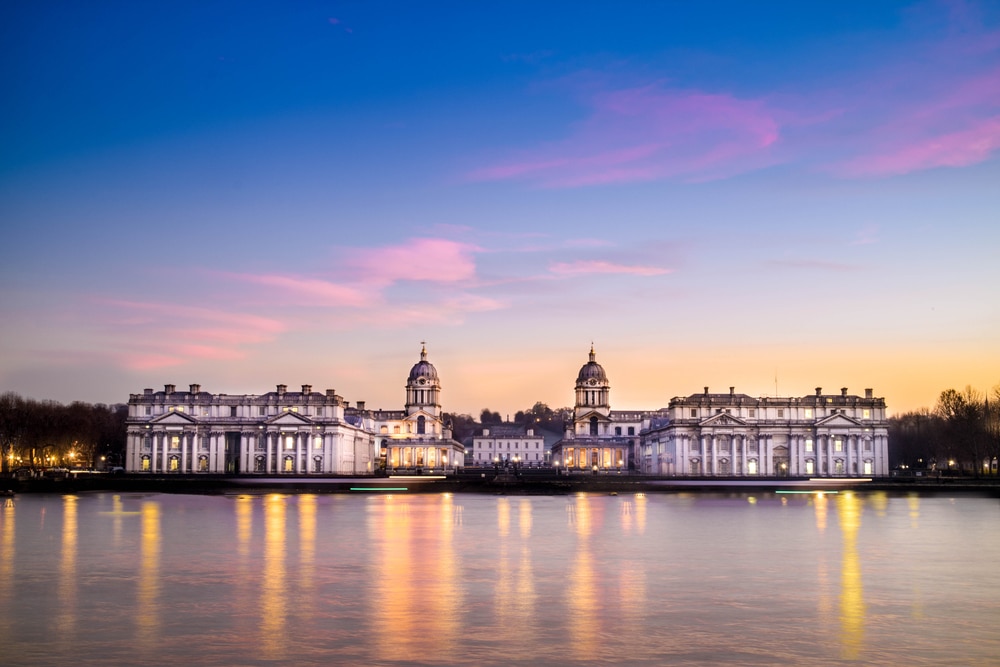 A view of the Old Royal Naval College as seen from the water.