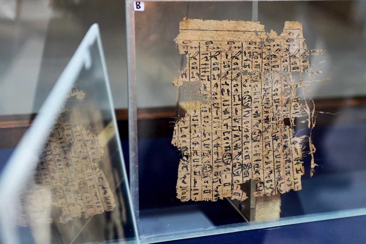 papyrus containing the diary of Merer from day 19 to 25 (read right to left) at the Wadi al-Jarf exhibition, Cairo Museum, 2016.