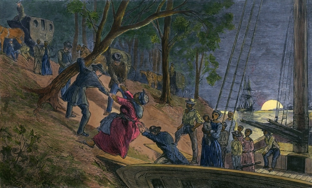 Watercolor of fugitive slaves arriving in Philadelphia in 1856 via the help of Underground Railroad agents.
