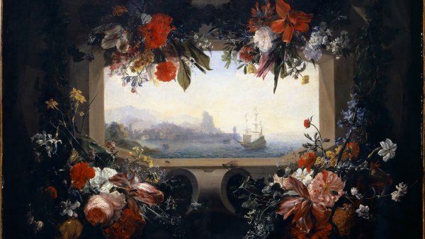 Flower Still Life: Cartouche with Garland, inside a View of a Seaport, ca. 1713