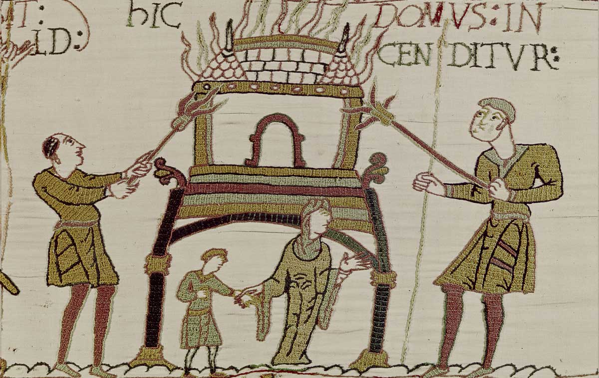 ‘Here, a house is burned’, Bayeux Tapestry, 11th century. Bridgeman Images.