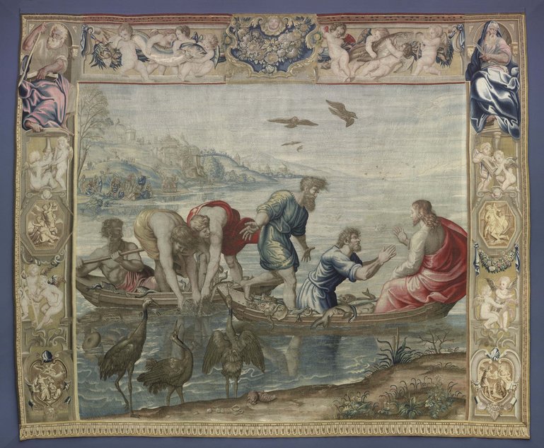 Jesus mit fünf Jüngern in Booten auf dem See Genezareth beim Fischen
