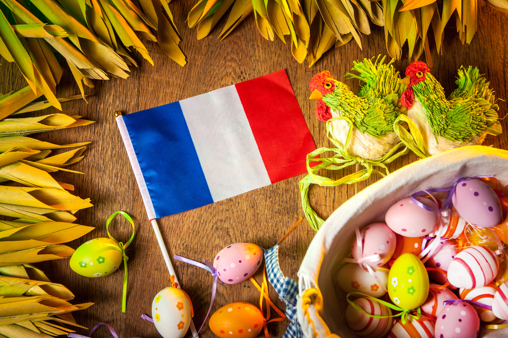 French flag surrounded by Easter eggs.