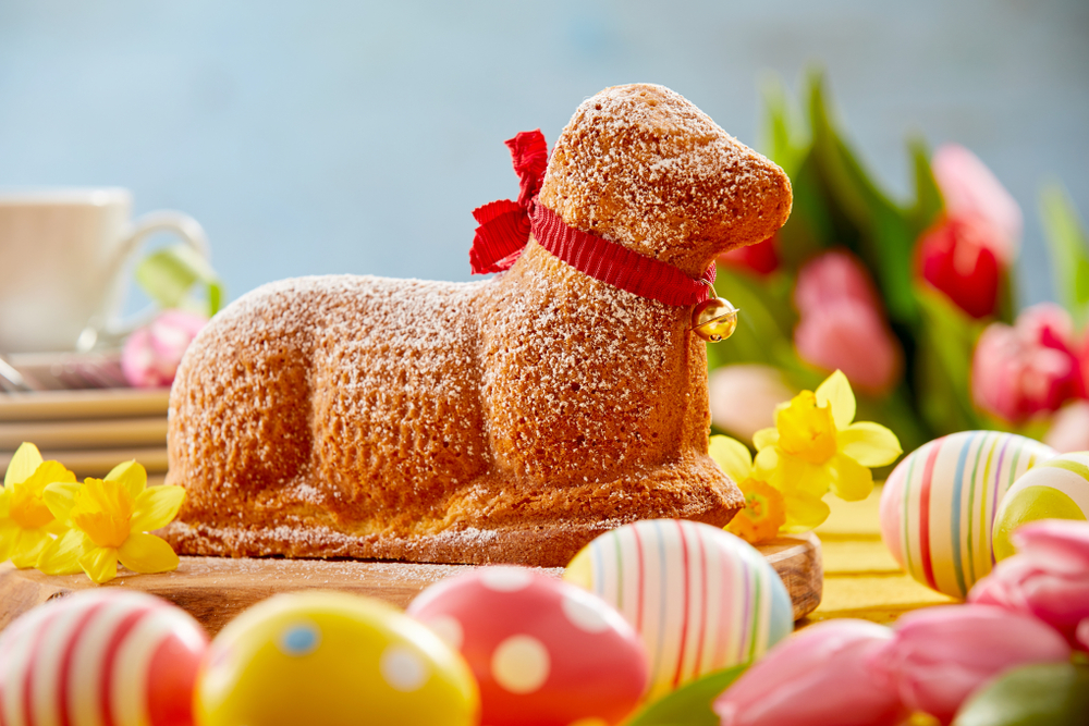 A German 'Easter lamb' cake, with a little bell around its neck.