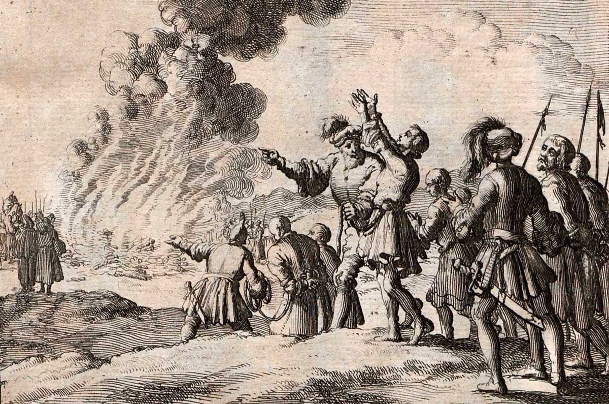 The burning of the Orléans heretics, by Jan Luyken, from Martyrs Mirror, 1685. Artokoloro/Alamy Stock Photo.