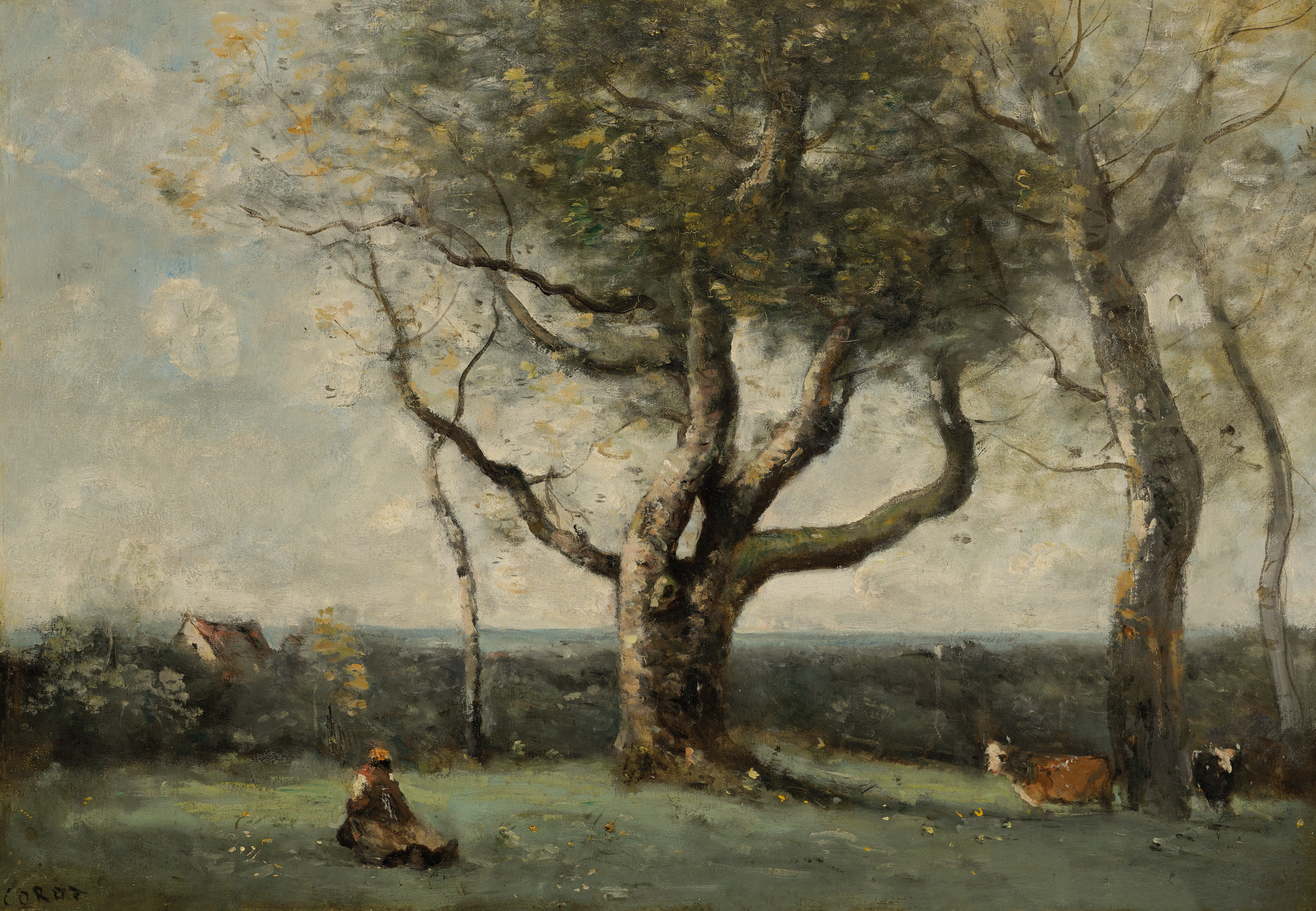 JEAN-BAPTISTE CAMILLE COROT (1796-1875) Le gros arbre (environs de Gournay) signed ‘COROT’ (lower left) oil on canvas 15 x 22 in. (38.1 x 55.8 cm.) Painted in 1865-1870 $200,000-300,000