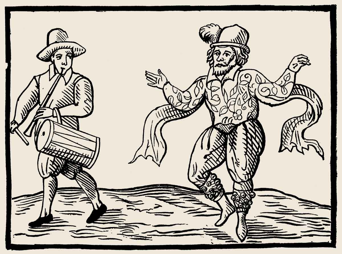 Elizabethan clown Will Kemp dancing a jig from London to Norwich, 1600.