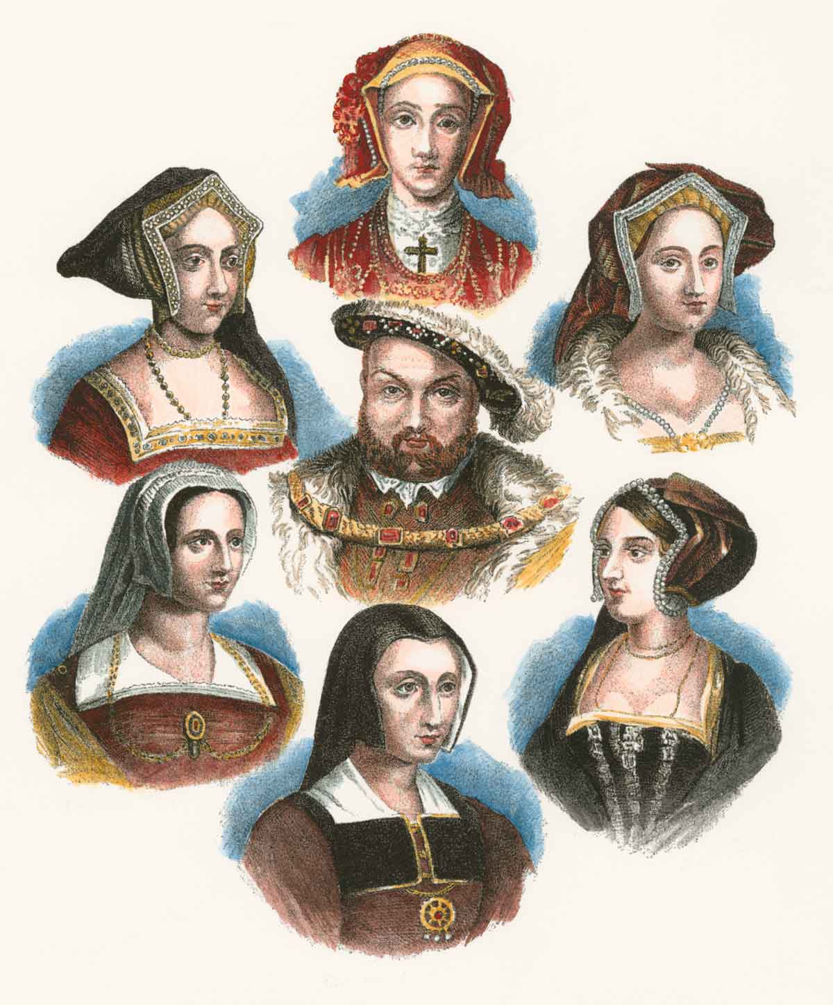 Clockwise from top: Anne of Cleves, Catherine Howard, Anne Boleyn, Catherine of Aragon, Kateryn Parr and Jane Seymour. Lithograph, c.1860. akg-images.